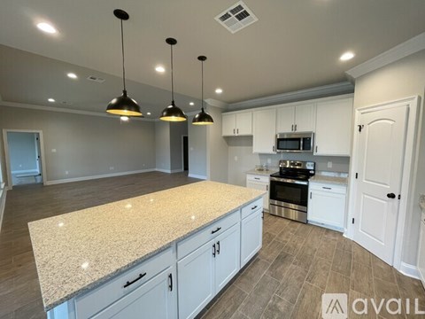 A kitchen with white cabinets and a granite countertop.