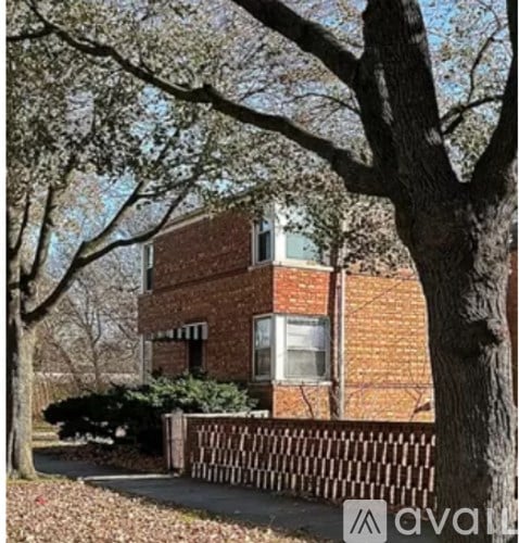 A tree with green leaves is in front of a brick building.