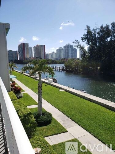A view of a city skyline from a balcony with a palm tree in the foreground.