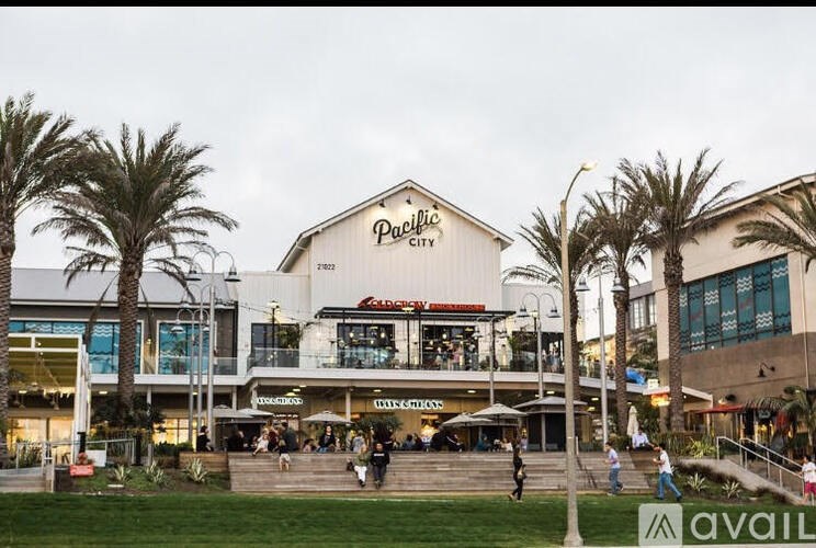 A shopping center with a large sign that says "Pacific City" is surrounded by palm trees.