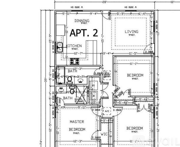 A floor plan for an apartment shows a kitchen, two bedrooms, a bath, and a dining area.
