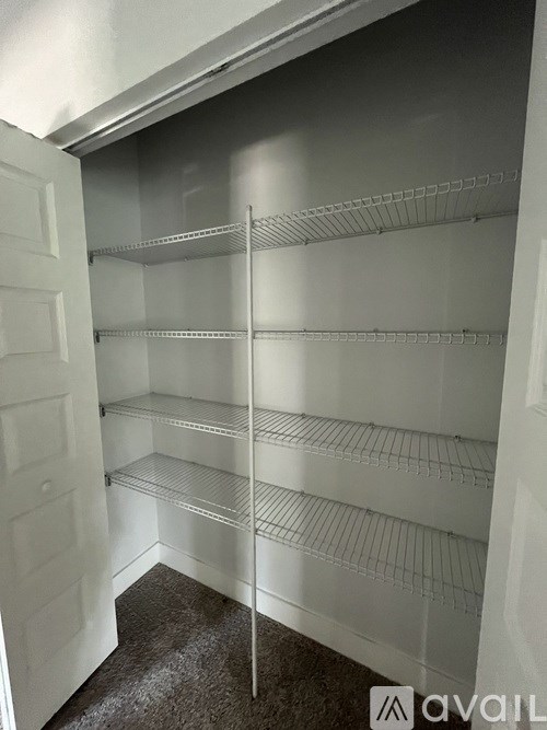 Empty pantry with white shelves and a white door.