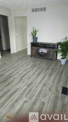 A room with a wooden floor and a tv stand with a plant on it.