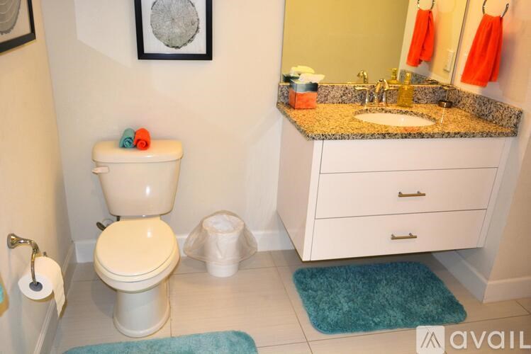 A bathroom with a toilet, sink, and a blue rug.