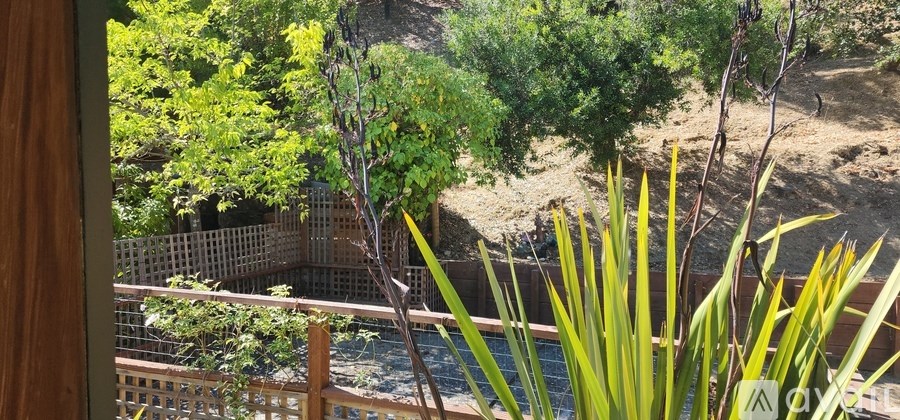 A view from a deck looking down at a pool and a wood fence.