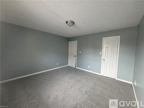 A room with grey carpet and two white doors.