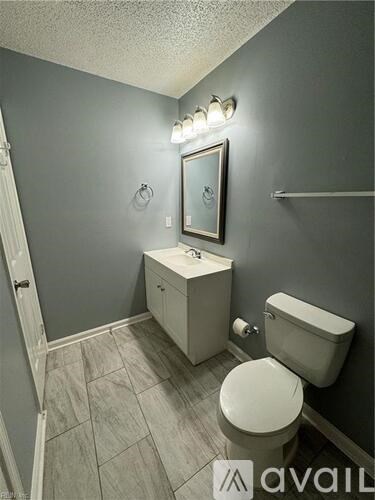 A bathroom with a toilet, sink, and mirror.