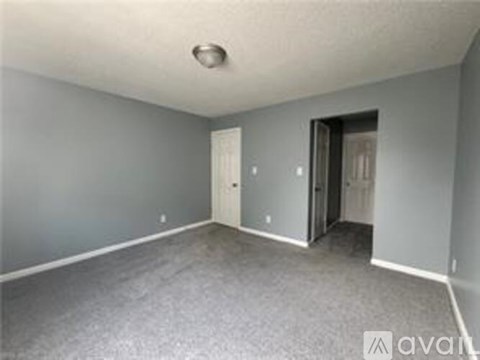 A room with grey walls and carpeted floor.