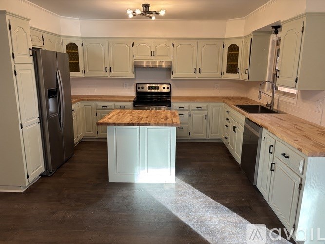 A kitchen with a wooden island in the middle.