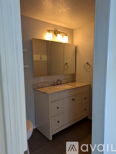 A bathroom with a sink, mirror, and toilet.
