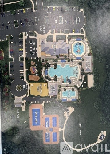 A map shows a resort with a swimming pool, tennis courts, and a parking lot.