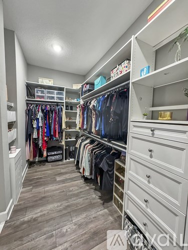A walk-in closet with clothes and drawers.