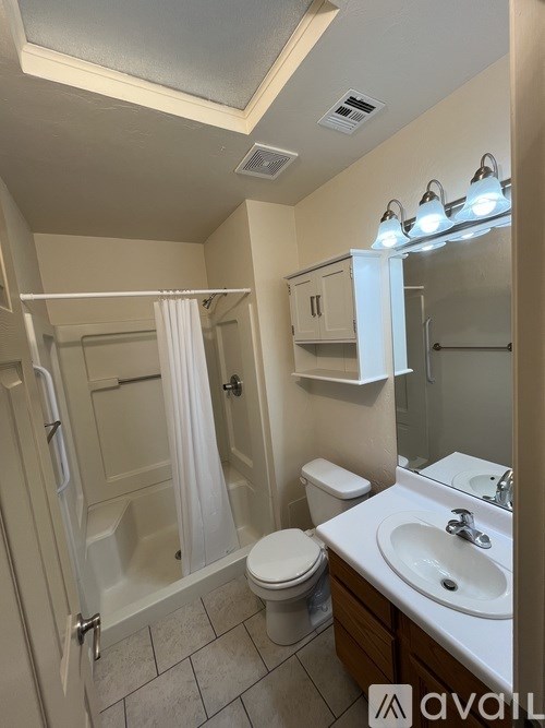 A bathroom with a toilet, sink, and shower.