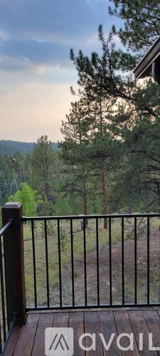 A balcony with a view of the forest.