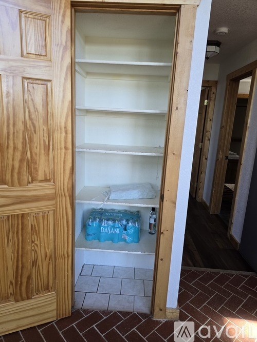 A pantry with a door open to a hallway.