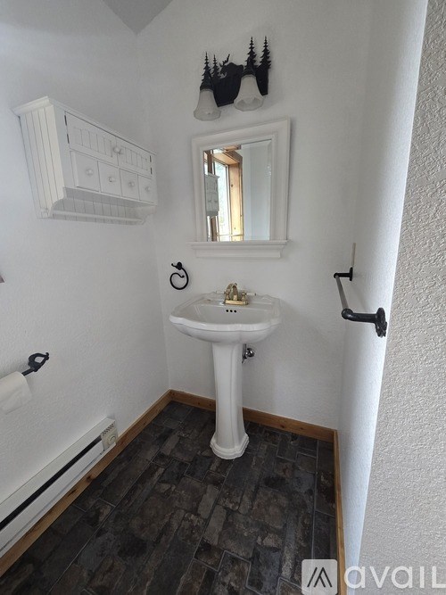 A bathroom with a white sink and a mirror above it.