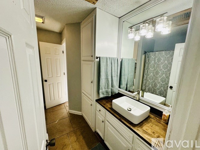A bathroom with a sink, mirror, and shower.