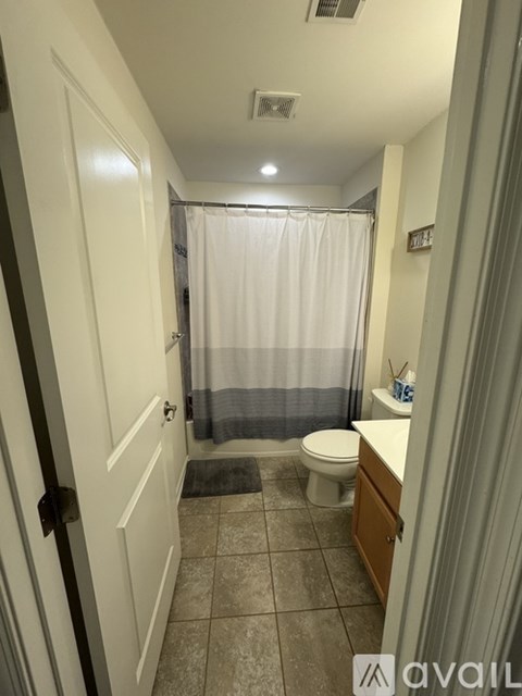 A bathroom with a toilet, sink, and shower curtain.