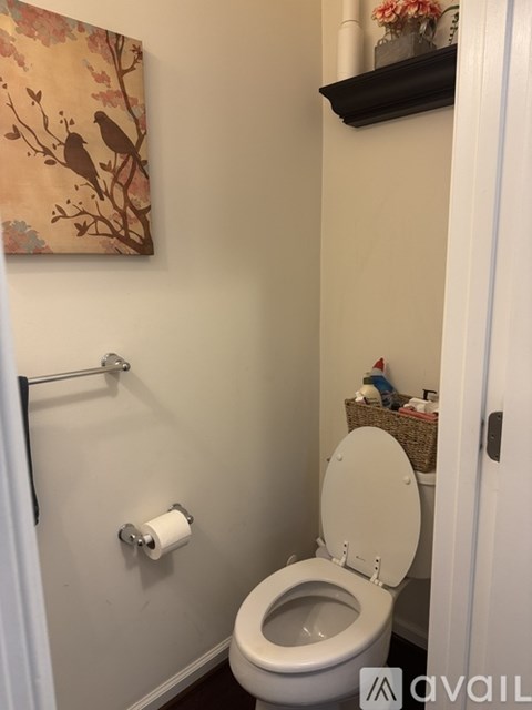 A toilet with a roll of toilet paper on the wall.