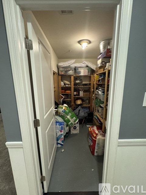 A narrow hallway with a door on the left and a shelving unit on the right.