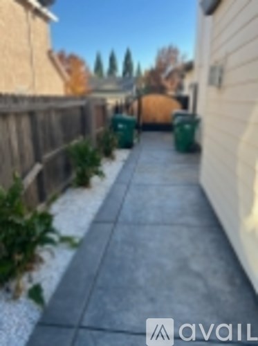A narrow sidewalk with a green trash can on the right.