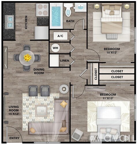 A floor plan of a house with a kitchen, dining room, living room, two bedrooms, a bathroom, and two closets.