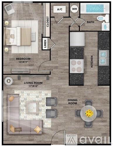 A floor plan of an apartment with a living room, dining room, kitchen, bathroom, and bedroom.