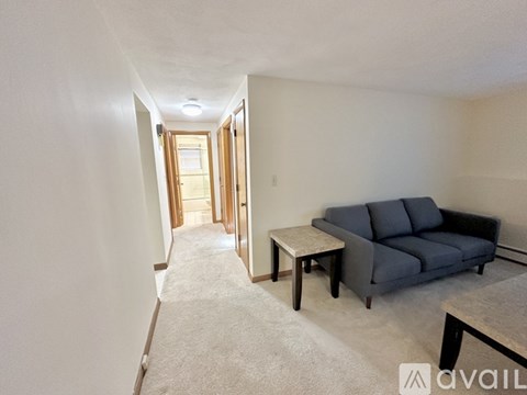 A living room with a grey couch and a coffee table.