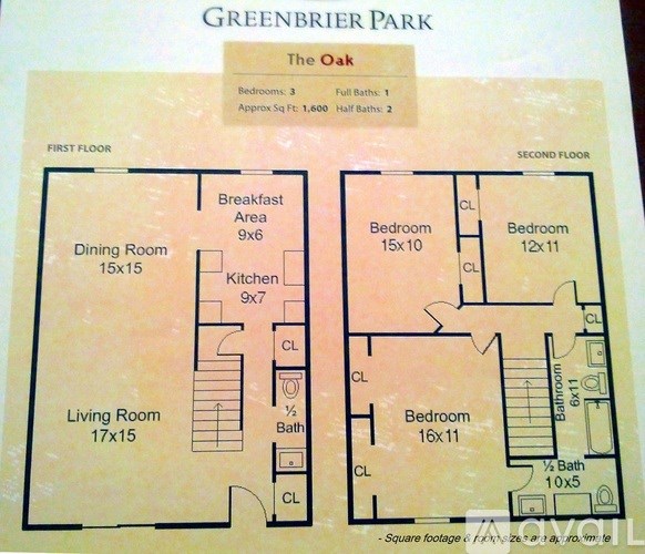 A floor plan for a property at Greenbrier Park showing two bedrooms, a living room, a dining room, a kitchen, and a breakfast area.