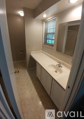 A bathroom with a sink and mirror.