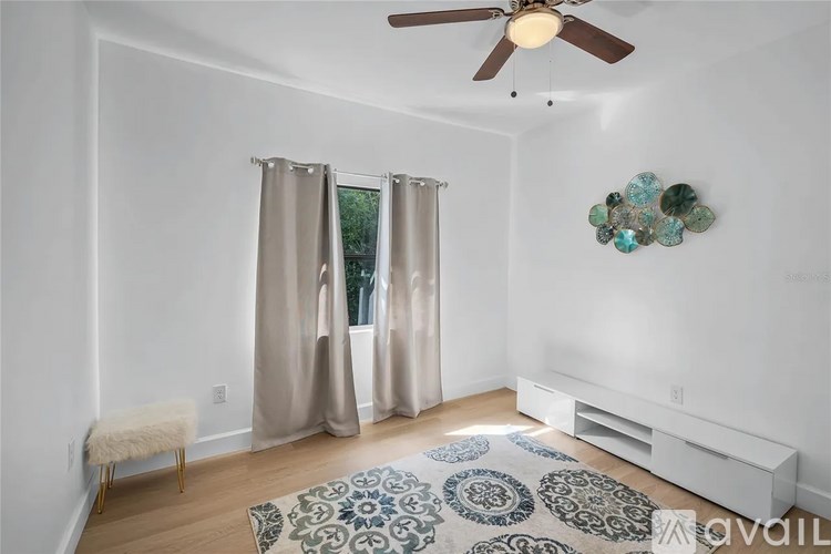 A room with a fan, curtains, and a rug.