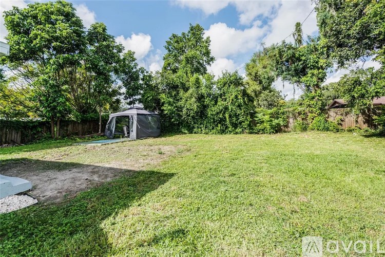A backyard with a shed and a lawn.