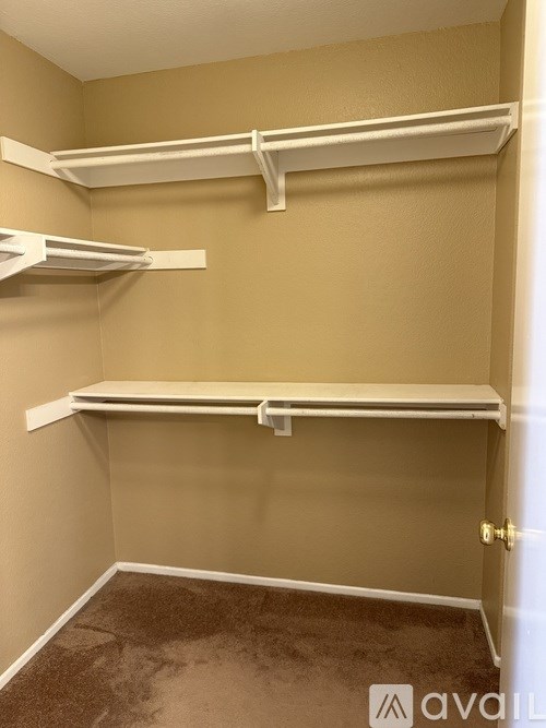 A small, empty room with two shelves and a carpeted floor.