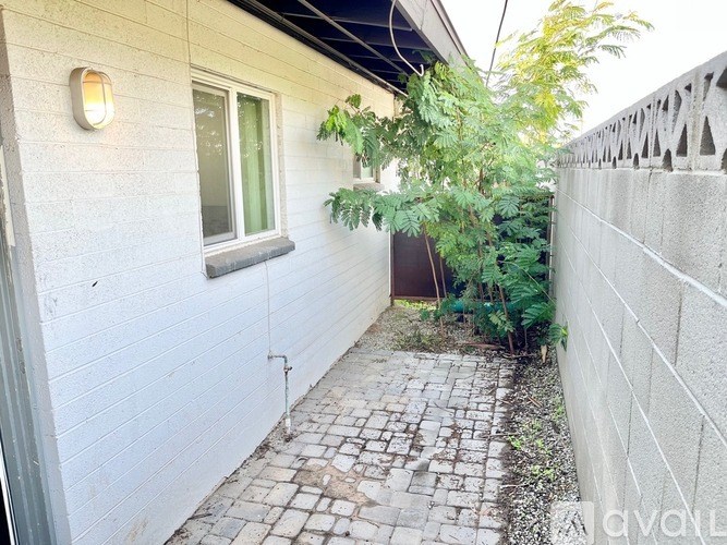 A small patio area with a cobblestone walkway and a white wall.