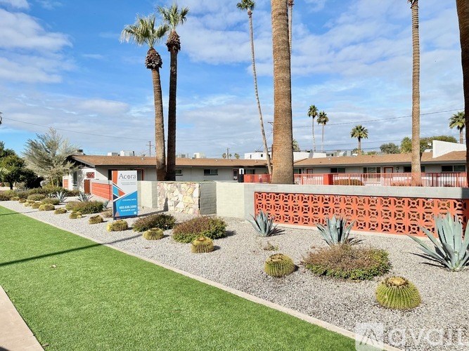 A building with a red brick wall and palm trees in front.