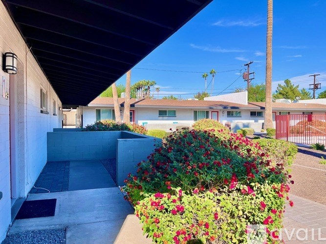 A house with a red fence and a garden with red flowers.