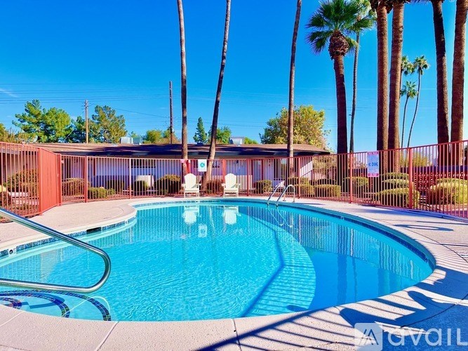 A pool surrounded by a fence and palm trees.