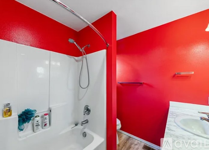 A red and white bathroom with a shower and sink.