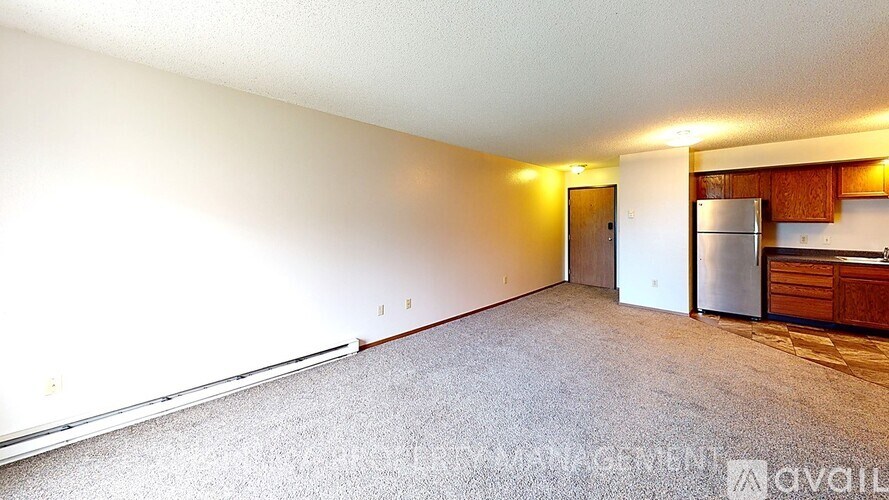 A room with a kitchenette and a door leading to another room.