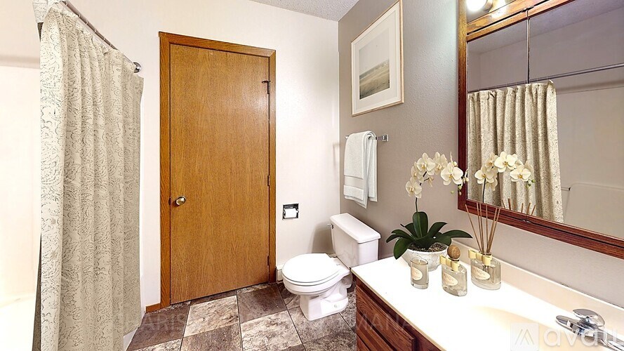 A bathroom with a toilet, sink, and shower curtain.