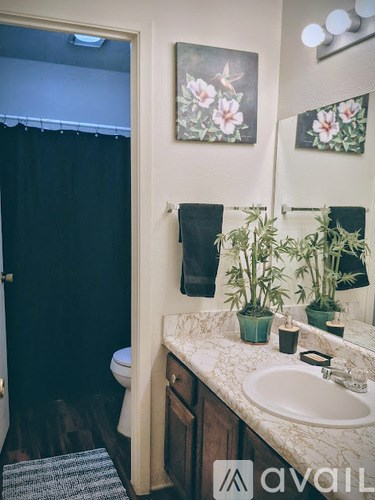 A bathroom with a toilet, sink, and potted plants.