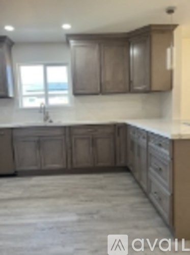 A kitchen with wooden cabinets and a window.