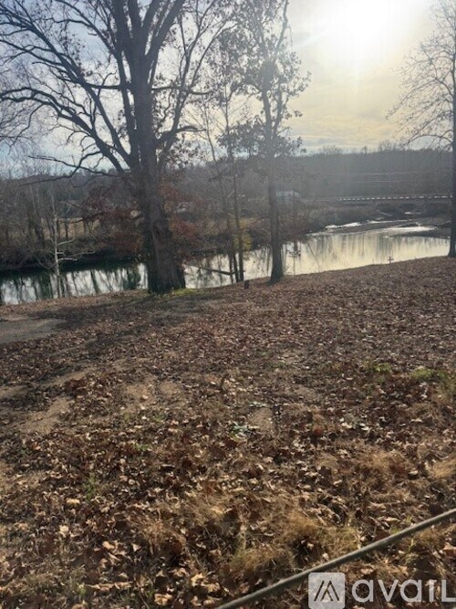 A river flows through a wooded area with a bridge in the distance.