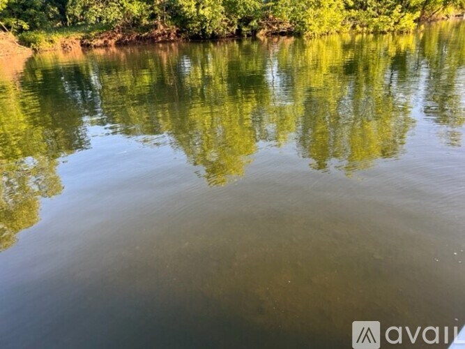 A calm body of water reflects the surrounding greenery.