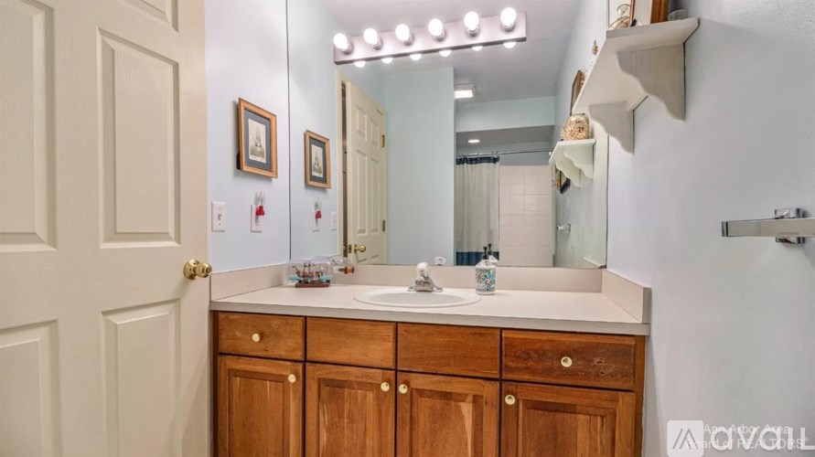 A bathroom with a white countertop and wooden cabinets.