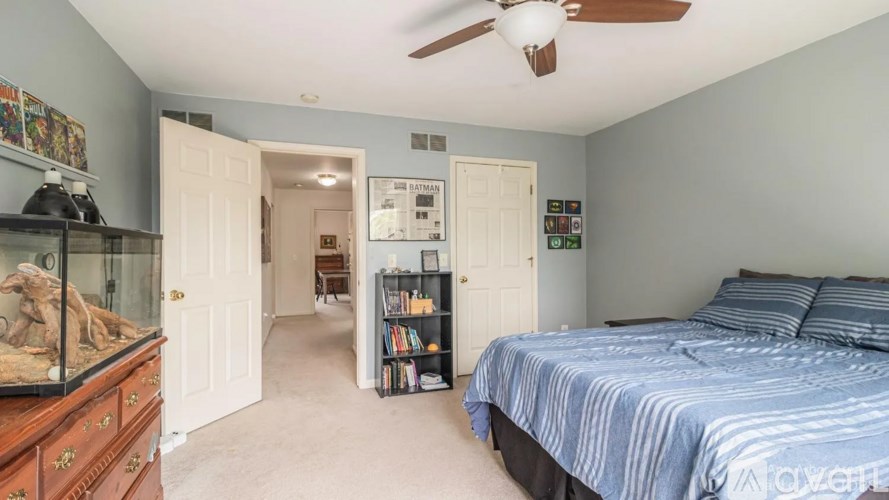 A room with a bed, dresser, and a ceiling fan.