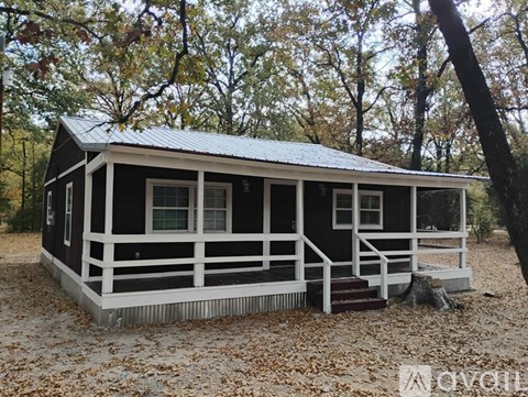 A small black and white cabin with a porch is surrounded by trees and fallen leaves.