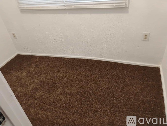 A room with a brown carpet and white walls.