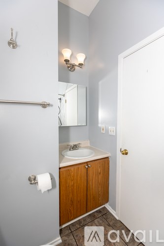 A bathroom with a sink, mirror, and toilet paper roll.