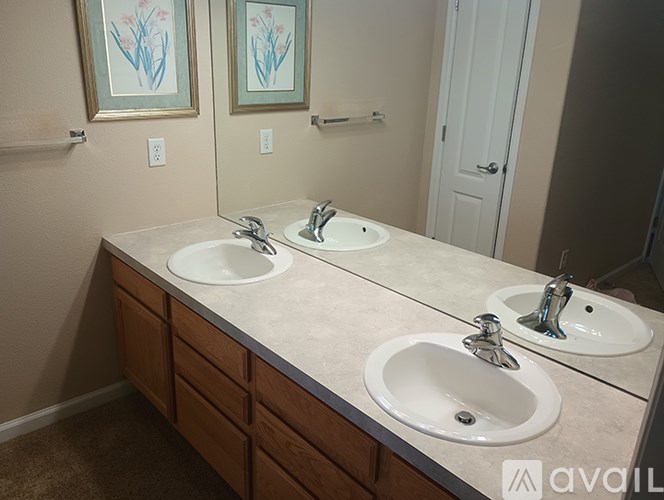 A bathroom with a vanity and two sinks.